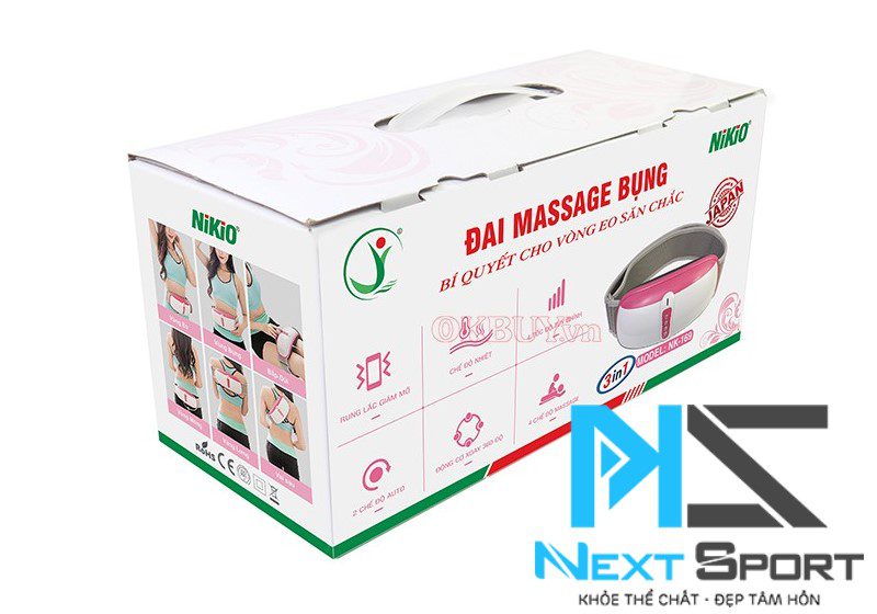 Bao bì đóng gói sản phẩm máy massage bụng Nikio NK-169 rung lắc và xoay giảm mỡ thừa thế hệ mới của nhà Nextsport