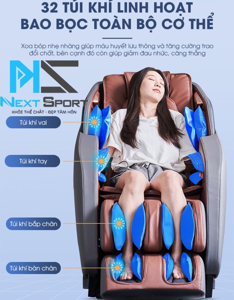 Ghế massage NextSport NSC-399 được cải tiến vượt bậc trong những chức năng mát xa, với bộ 32 túi khí được phân bổ thông minh hơn.
