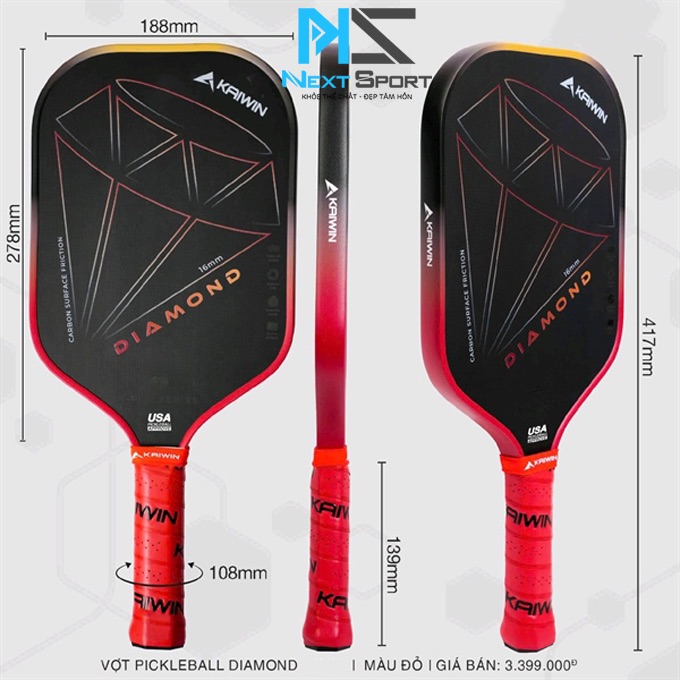 Thông số kỹ thuật vợt Pickleball Kaiwin Diamond 16mm